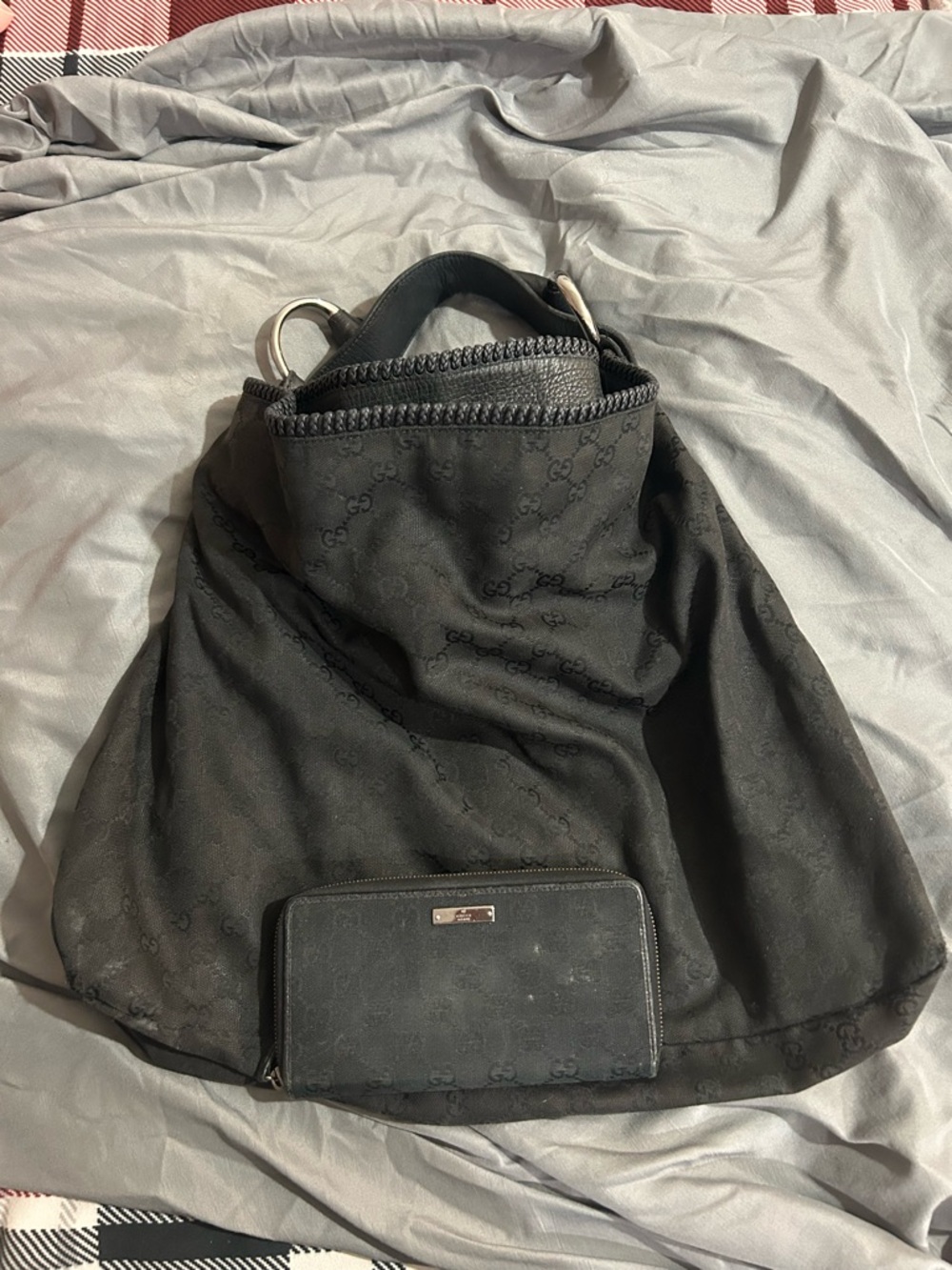 Gucci Black Monogram Slouch Hobo with Matching Black Zip Wallet